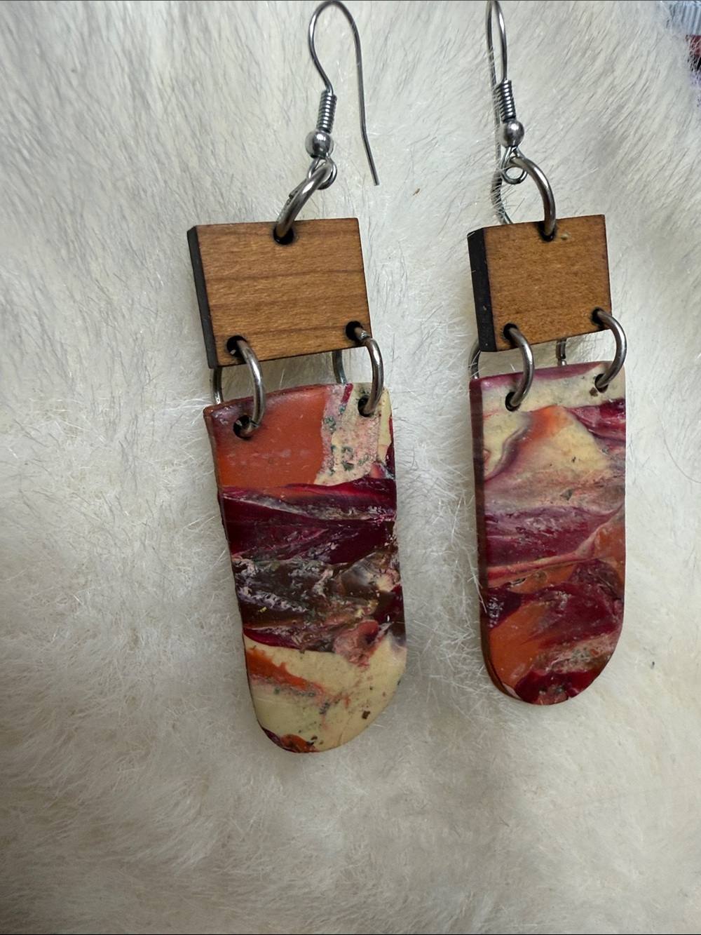 Handmade Marbled Red & Cream Wooden Dangle Earrings